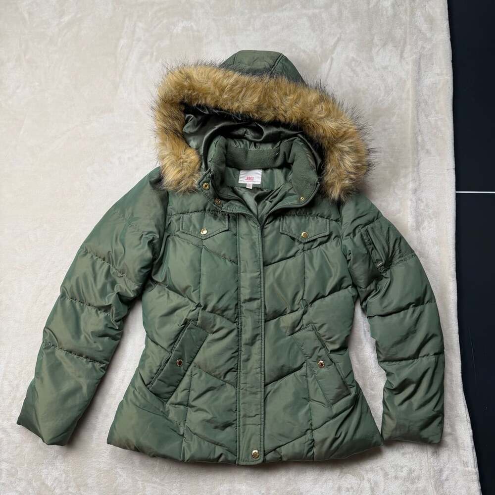 JLo by Jennifer Lopez Puffer Jacket Size M Olive Green Faux Fur Hood